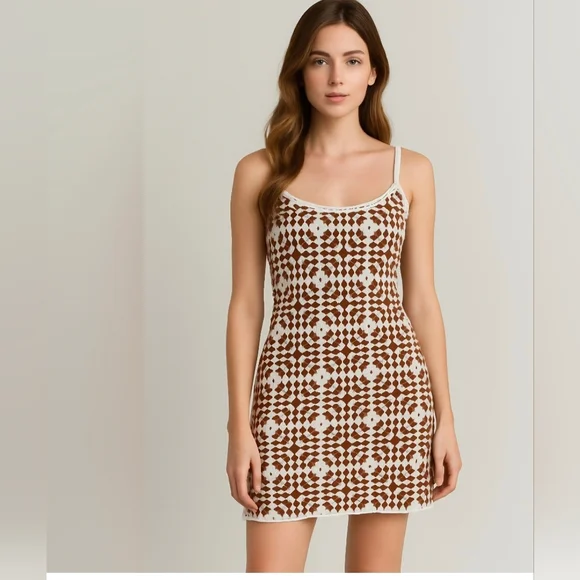 Brown and White Crotchet Spaguetti Straps Dress, Size M. - Picture 1 of 14